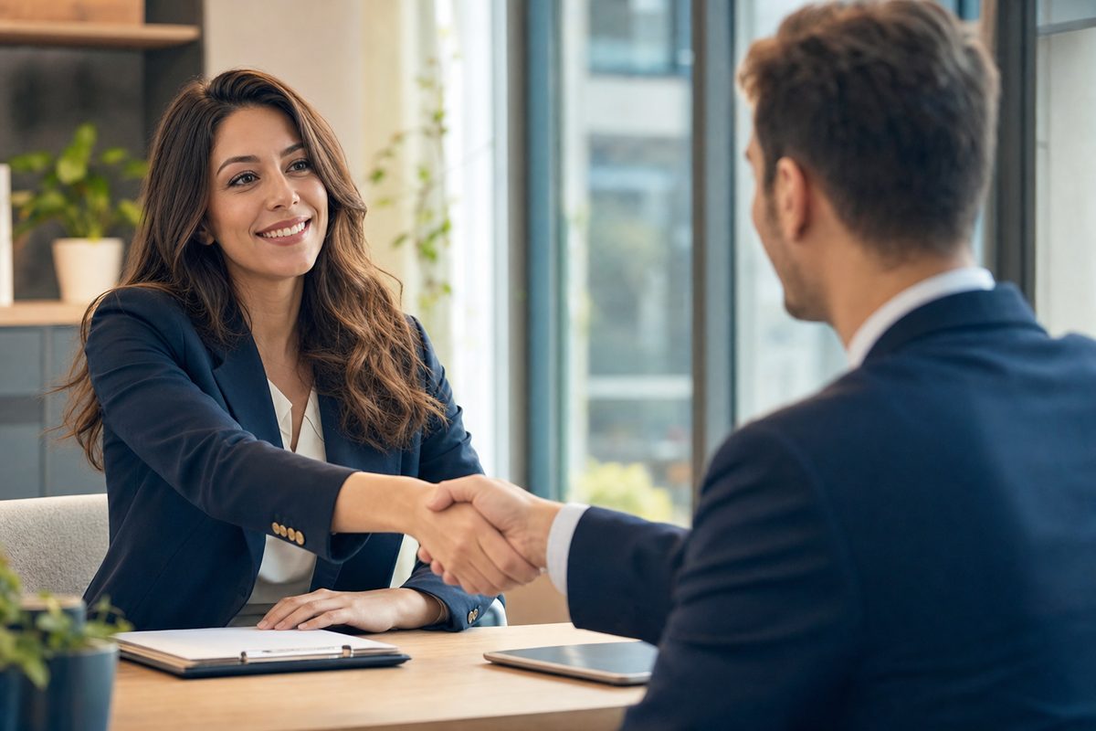 A Gravitas Resources recruiter shaking hands with a candidate in a bright office