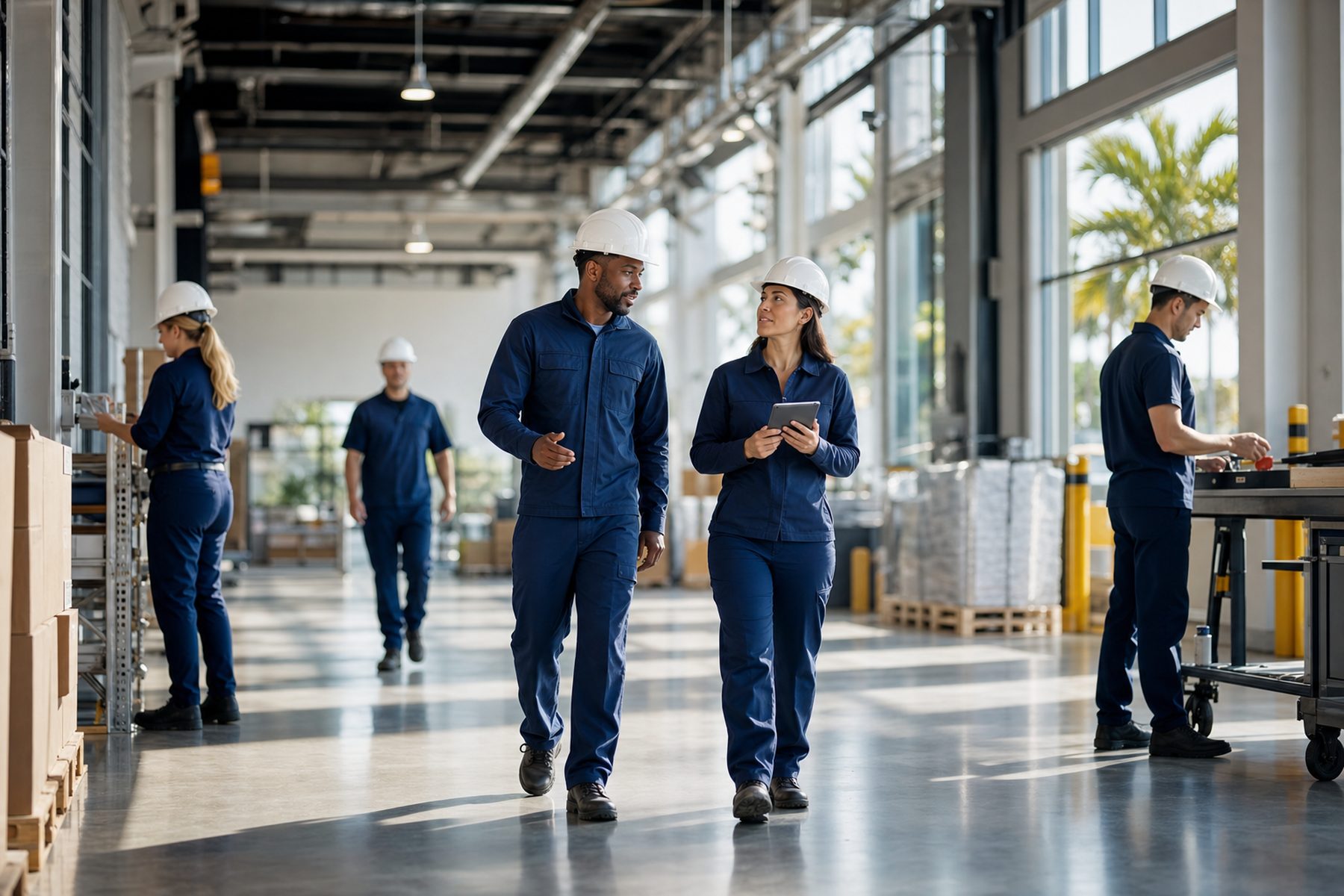 A supervisor and a warehouse associate walking through a bright light-industrial facility